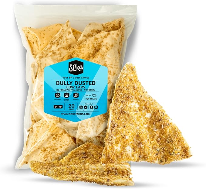 Sitka Farms Bully Dusted Cow Ears for Dogs 20 Count - 100% Natural Premium No Hide Dog Chews for Small, Medium and Large Dogs - Free Range Grass Feed Cattle