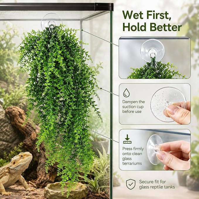 HERCOCCI 5 Pack Reptile Plants, Terrarium Hanging Plants Vines Artificial Leaves Habitat Decorations with Suction Cup for Bearded Dragon Hermit Crab Lizard Snake Geckos Chameleon