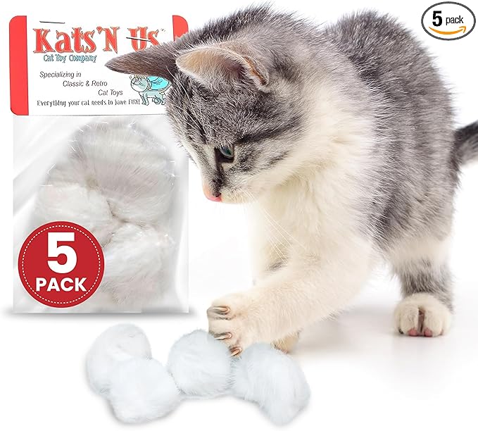 Kats'N Us 2 Inch Real Rabbit Fur Pom Pom Cat Toys - Pack of 5 Soft White Furry Balls, Natural Prey-Like Interactive Play, Hunting Instinct Exercise & Training Toys for Indoor Cats