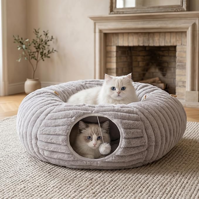 Cat Tunnel Bed, Peekaboo Hideaway Cave for Indoor Cats, Machine Washable Kitten Bed, Cat Donut, Dachshund Tunnel Bed for Small Dogs, Upgraded Striped Hare Feel Fabric (Grey)