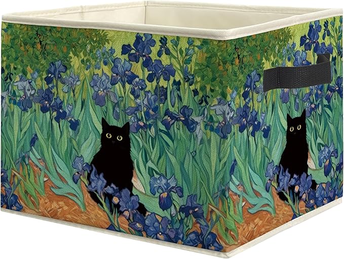 Irises Floral Black Cat Storage Bin Box, Cat Lover Mom Lady Grandma Gifts Collapsible Storage Basket Organizer for Bedroom Bathroom Home Clothes Toys Books, Toybox for Girls