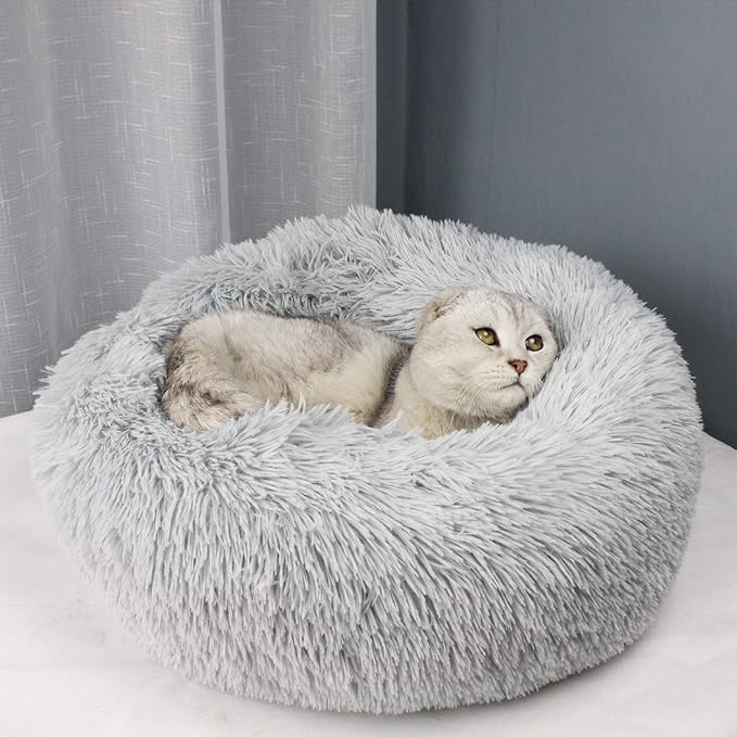 Modern Soft Plush Round Pet Bed for Cats or Small Dogs, Mini Medium Sized Dog Cat Bed Self Warming Autumn Winter Indoor Snooze Sleeping Cozy Kitty Teddy Kennel (24'' D x 8'' H, Light Grey)