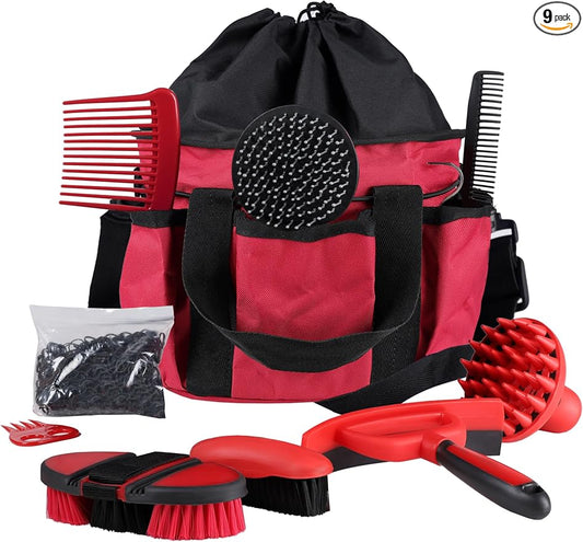 Harrison Howard Horse Grooming Kit 9 Piece with Tote Bag, Non-Slip Horse Brush Set for Shedding, Bathing, Hoof Care, Mane & Tail Grooming, Equine Grooming Supplies Red