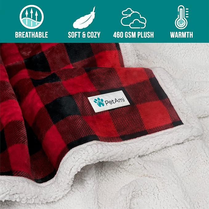 PetAmi Dog Blanket for Medium Large Dogs and Pets, Soft Sherpa Fleece Pet Blanket Throw for Cats Puppies, Reversible Plush Couch Cover Protector Sofa Bed Car Seat, Machine Washable, 80x60, Checker Red