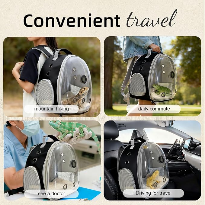 Bearded Dragon Travel Backpack Carrier with Reptile Thermometer and Humidity Gauge Lizard Travel Cage Space Capsule Clear Bubble Window Astronaut Reptile Bag for Ball Python (Black, Backpack+PG LSH)