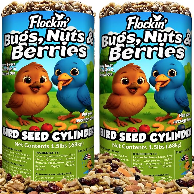 Bugs, Nuts & Berries Bird Seed Cylinders with Hole – Wild Bird Food for Blue Birds, Woodpeckers, Cardinals & More – Premium Protein-Rich Blend, No Fillers – USA Made (4" x 7.75") 2 Pack