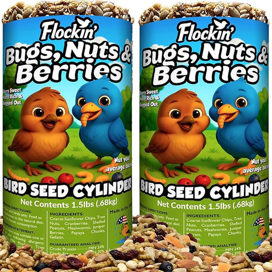 Bugs, Nuts & Berries Bird Seed Cylinders with Hole – Wild Bird Food for Blue Birds, Woodpeckers, Cardinals & More – Premium Protein-Rich Blend, No Fillers – USA Made (4" x 7.75") 2 Pack