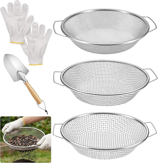 3PCS Soil Sifter for Gardening, Rock Soil Sifter with Handle Compost Sifting Screen for 5 Gallon Buckets with Metal Garden Tool Shovel Gloves 2,4,6mm Mesh Sizes Remove Stone Fine Gravel Sand Dirt