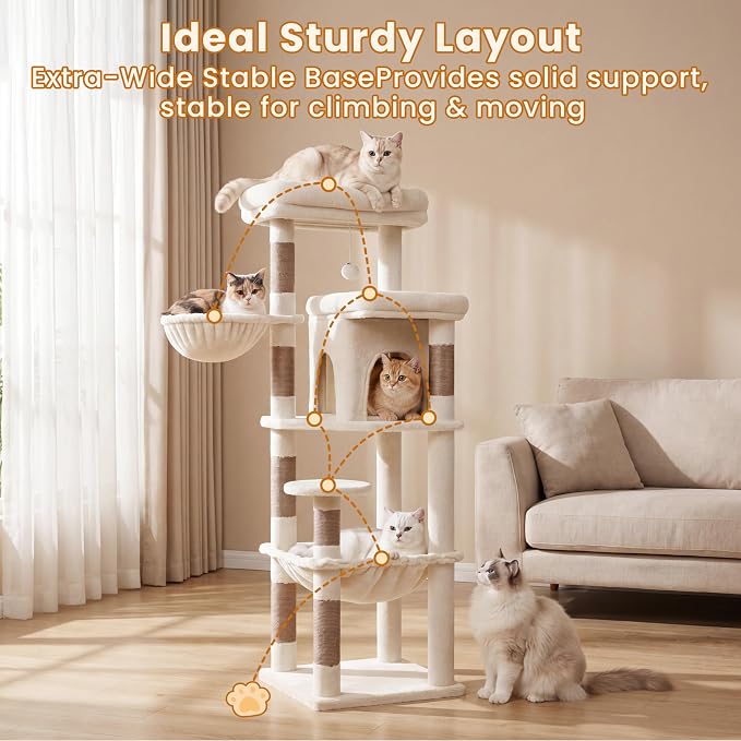 Heybly Cat Tree, 56-Inch Multi-Level Easy Climb Tower for Large Cats, Cat Furniture with 2 Perches, Cozy Hammock, Spacious Condo & Cat Basket, Durable Sisal Scratching Posts, Beige HCT028G
