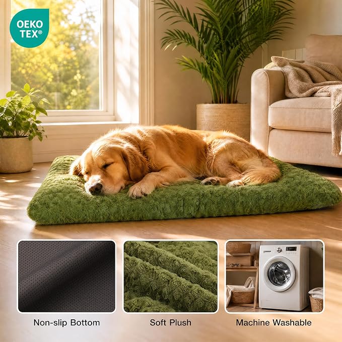 Washable Dog Bed Mat Ultra Soft Dog Crate Pad Comfy Fluffy Pet Kennel Beds Sleeping Mattress for Large Jumbo Medium Small Dogs Green
