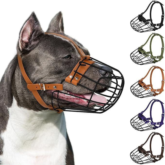 Pitbull Dog Muzzle Breathable Metal Basket for Large Dogs Amstaff Staffordshire Terrier Secure Wire Mask Adjustable Durable Leather Straps Biting Chewing Barking (Brown)