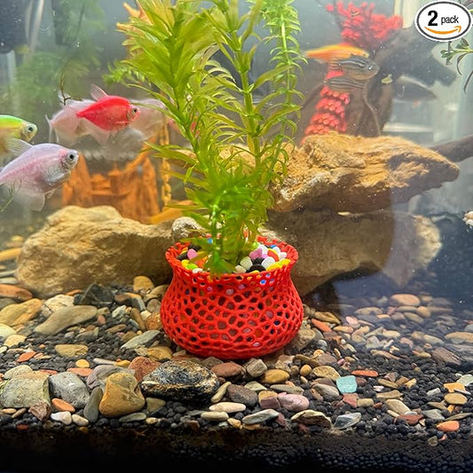 Aquarium Submerged Plant Pot, Underwater Plant Anchor, Fish Tank Aquatic Plante, Aquarium Landscaping Decoration, Decorative Accessories - 2-Piece Set (Red)