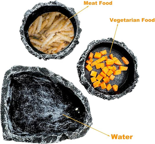 Reptile Water Dish Food Bowl, 3 Pack Reptile Feeding Bowls for Bearded Dragon Lizard Frog Gecko Tortoise Hermit Crab Snail (Black)