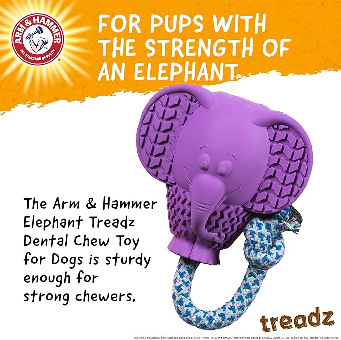 Arm and Hammer for Pets Super Treadz Large Elephant Dental Chew Toy for Dogs - Reduces Plaque and Tartar Without Brushing, Baking Soda Infused, Dishwasher Safe, Dogs Up to 35 Lbs