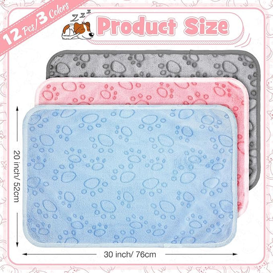Tegeme 12 Pcs Pet Blankets 30 x 20 Inch Soft Fluffy Fleece Dog Cat Warm Paw Print Pattern Blankets Flannel Throw for Pets Dog Puppy Cat(Pink,Gray,Blue)