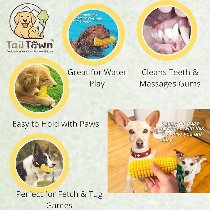 Squeaky Rubber Dog Toy – Interactive Corn Dog Toy for Small & Medium Dogs – Chew, Fetch & Tug Toy – Perfect for Water Play – Teeth Cleaning Texture – Indoor & Outdoor Use – Tail Town