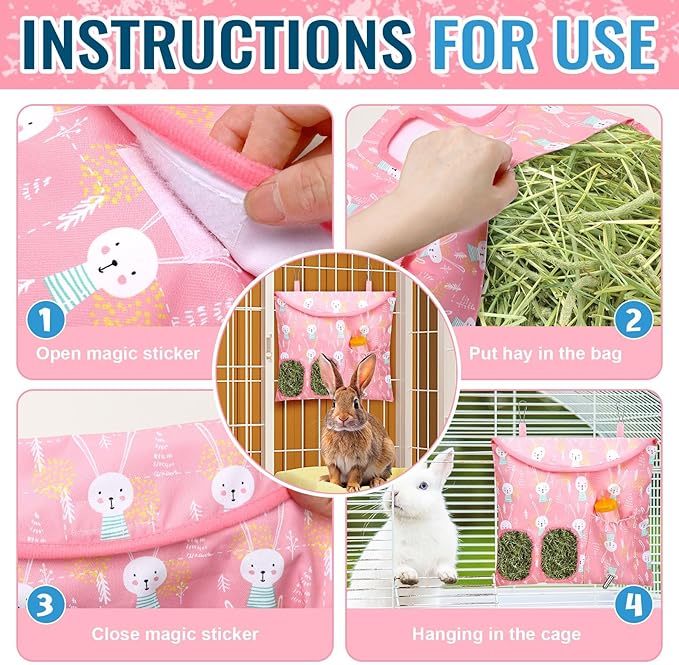 UPINS 2 Pack Hay Bag for Rabbits 2-Hole Hanging Hay Feeder Guinea Pig Hay Bags, Hay Feeder for Rabbits Chinchillas Hamsters Small Pets and Animals