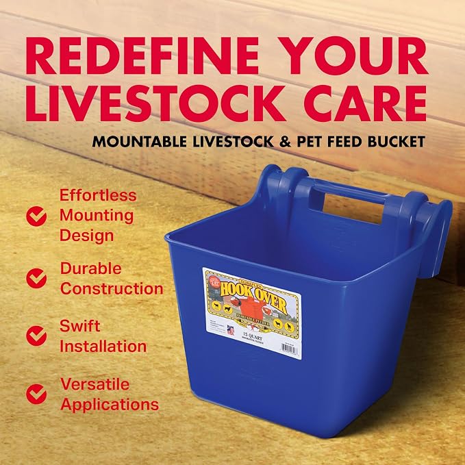 Little Giant® Plastic Hook Over Feeder | Mountable Livestock & Pet Feed Bucket | Horse Feed Bucket | Made in USA | 15 Quarts | Blue