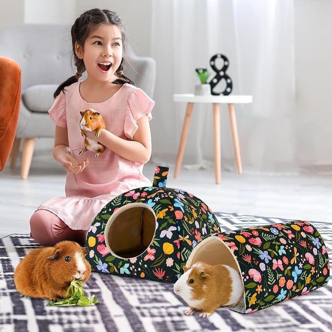Guinea Pig Hideout, Bienbee Washable Rabbit Bed with Guinea Pig Tunnel, 2 Pack Guinea Pigs Toys Set Bunny Hideout Cage Accessories for Hamster Ferret Rabbits Bunny, Green Flowers