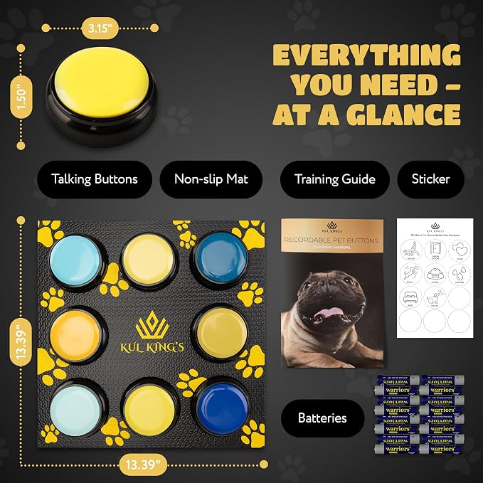 KUL KING'S Waterproof & Non-Slip Dog Talking Buttons - 8 Recordable Buttons with Special Training Mat & Guide, Batteries, Stickers - Talking Dog Buttons for Communication