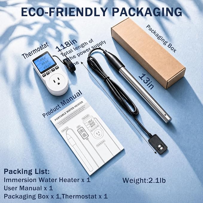 1500W Immersion Water Heater for Pool, Electric Fully Submersible Water Heater with Thermostat & GFCI, For Sink, Bathtub, Baptismal, Small Swimming Inflatable Pool, Hot Tub, Bucket Camping(white)