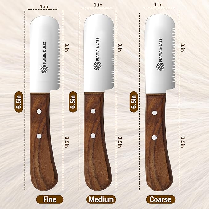 FLAMIA & JABZ Professional Dog Grooming Hand Stripping Knife, Stripper Trimmer Tool, Red Meranti Wooded Handle non slip grip with Tripping Stainless Steel blade (3 Piece Pack, Left Handed)