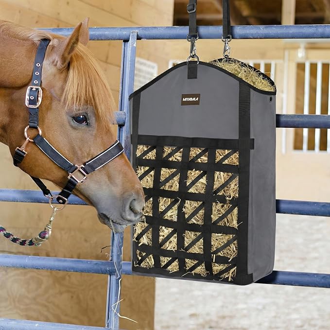 Ultra-Slow Feed Hay Bag for Horses, 3 Packs Hay Bags with Net Front Design,Wide Opening for Easy Filling,Two Types of Hanging for Feeding Goats, Sheep and Donkeys (1 Black+2 Grey)