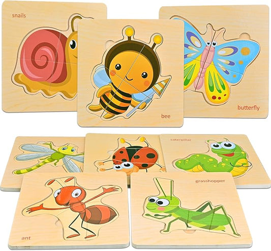 Faburo Wooden Puzzles for Toddlers 1-3, 8pcs Shapes, Insect Animal Themed Montessori Toys for 1 Year Old Learning, Educational Preschool Toys for Boys Girls