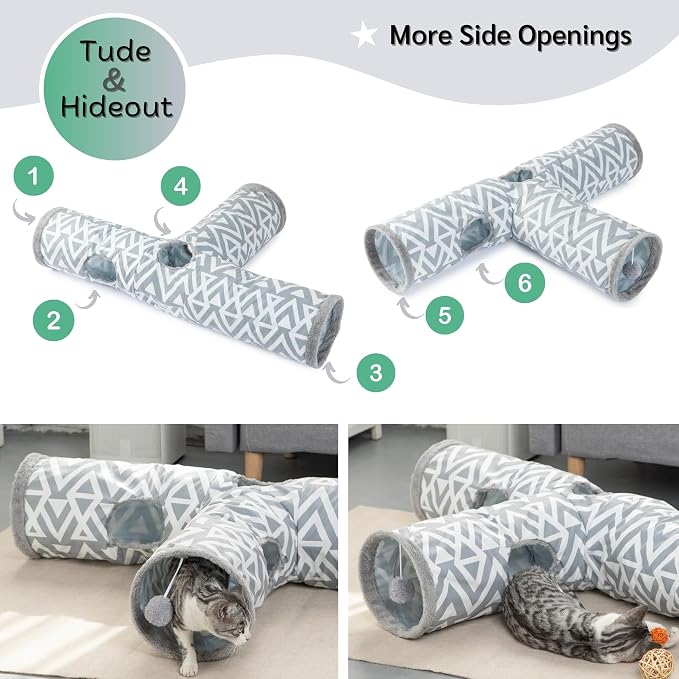 JanYoo Plush Rabbit Hideout Bunny Tunnel and Tube 3 Ways Guinea Pig Tunnel | 47'' Collapsible Cat Toys with Interactive Ball for Indoor Kittens Rabbits Ferret Guinea Pigs Pet Accessories