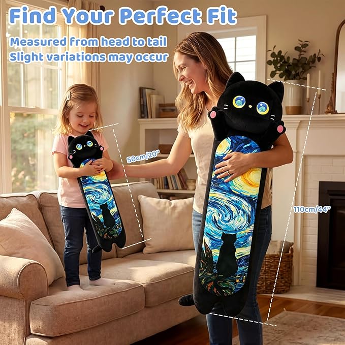 Mewaii Long Cat Plush 5 Sizes, 120% Extra Filling Giant Plushness Kids Body Pillow, Kawaii Cute Black Starry Cat Stuffed Animals Plushies, Big Long Body Pillow Cat Plush Gift for Girls 44”