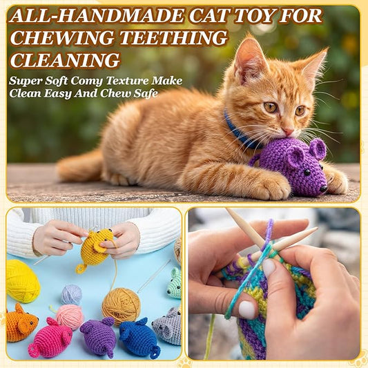 Shappy 16 Pcs Crochet Cat Toys Set, 8 Knitted Mice 8 Cat Ball Toys with Bell Inside, Yarn Mouse Animals for Medium Indoor Cats, Kitten Play Chew Accessories
