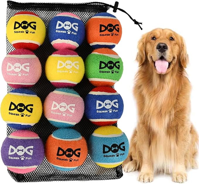 INSUM Squeaky Balls for Dogs - 12 Pack Large Squeaky Tennis Balls for Dogs, 3 Inch Eye-Catching Color Toy Balls, Built-in Squeaker, Idea for Doggie Birthday Gift