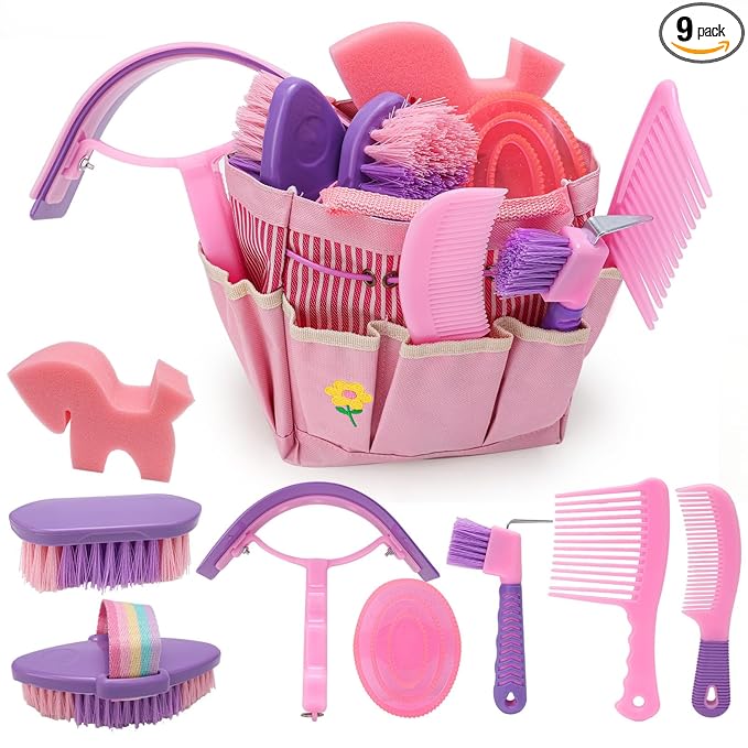 Horse Grooming Kit, Horse Brushes for Grooming Supplies Set with Organizer Bag, Horses Tack Brush Set for Effective Grooming and Cleaning, Gift for Horse Riders Beginners, Pink