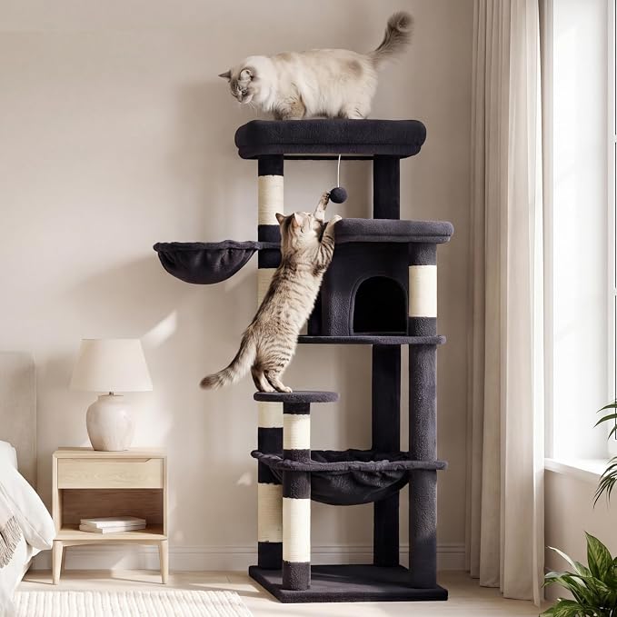 Heybly Cat Tree, 56-Inch Multi-Level Easy Climb Tower for Large Cats, Cat Furniture with 2 Perches, Cozy Hammock, Spacious Condo & Cat Basket, Durable Sisal Scratching Posts, Smoky Gray HCT028G