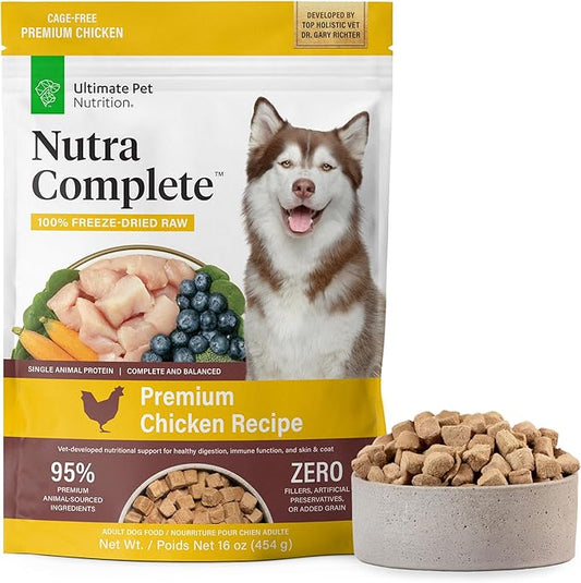 ULTIMATE PET NUTRITION Nutra Complete Freeze Dried Raw Dog Food, Veterinarian Formulated with Antioxidants, Prebiotics & Amino Acids (1 Pound, Chicken)