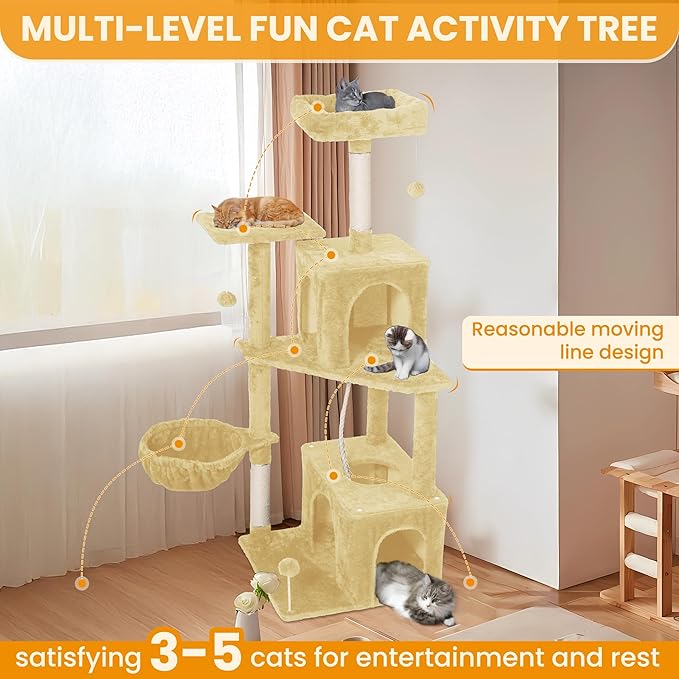 54-Inch Cat Tree Tower with 2 Caves & 2 Pompoms - Multi-Level Tower for Indoor Cats, Soft Plush Condo with Scratching Posts - Sturdy Base for Large Cats(Beige)