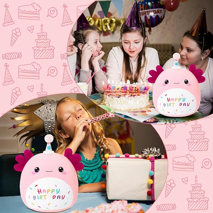 SQEQE Happy Birthday Axolotl Plush Axolotl Stuffed Animal Toy Pink Birthday Plushies Home Decor for Girls Boys Kids (8Inch)