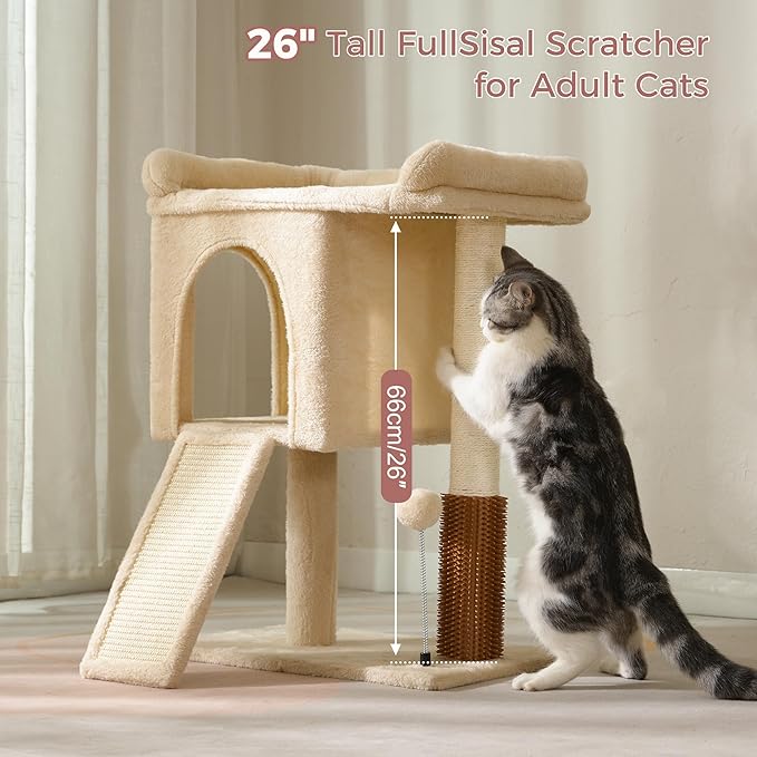 Small Cat Tree Tower for Large Cats with Spacious Top Bed 20x13.8”Private Cat Condo,Sisal Scratching Post and Ramp and Self Groomer and Spring Ball-Beige