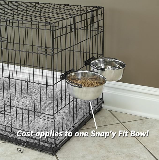 MidWest Homes for Pets Snap'y Fit Stainless Steel Food or Water Bowl, Holds 2 Quarts, Mounts to Wire Crates, No-Tip Design, Rust-Resistant, for Large Dogs and Cats