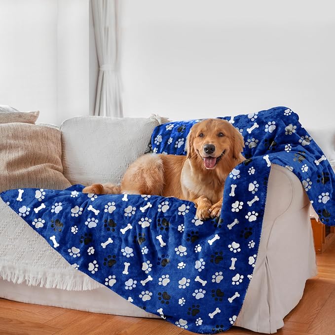 Dog Blanket Paw Bone Pattern 1 Pack 2 Super Soft Warm Flannel Sofa Cover Car Bed Protector, Urine Proof Washable Outdoor Pet Blanket for Puppy Large Dogs & Cats,40"*30" Blue&Beige
