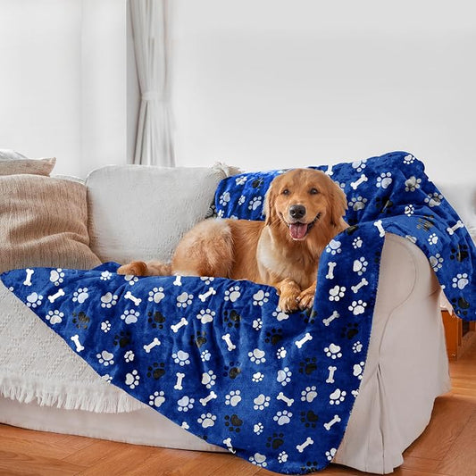 Dog Blanket Paw Bone Pattern 1 Pack 2 Super Soft Warm Flannel Sofa Cover Car Bed Protector, Urine Proof Washable Outdoor Pet Blanket for Puppy Large Dogs & Cats,40"*30" Blue&Beige