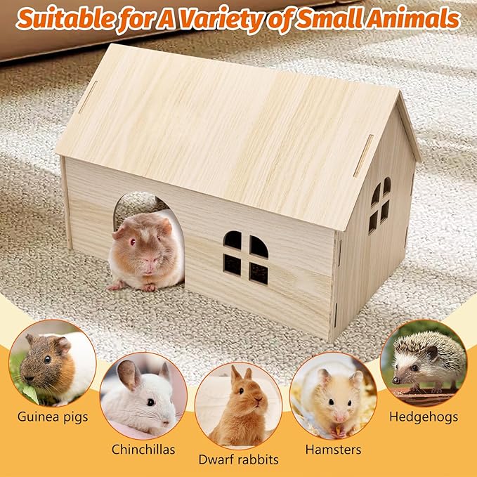 Fhiny Wooden Guinea Pig Hideout, 15.2 x 9.1 x 9.8 inch Large Guinea Pig House with Entrances and Windows Detachable Small Animal House for Bunnies Dwarf Rabbits Chinchillas Hedgehogs to Rest and Hide