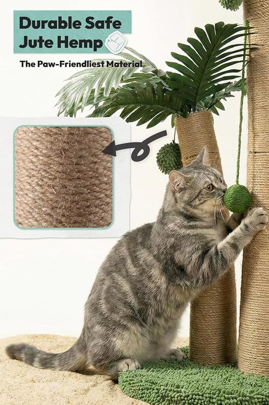 33" Tall Cat Scratching Post, Natural Jute Cat Scratcher for Indoor Cats, Double Coconut Tree Design with Hanging Toy Ball & Rest Platform,Stable Furniture Protector for Kittens & Adult Cats,M