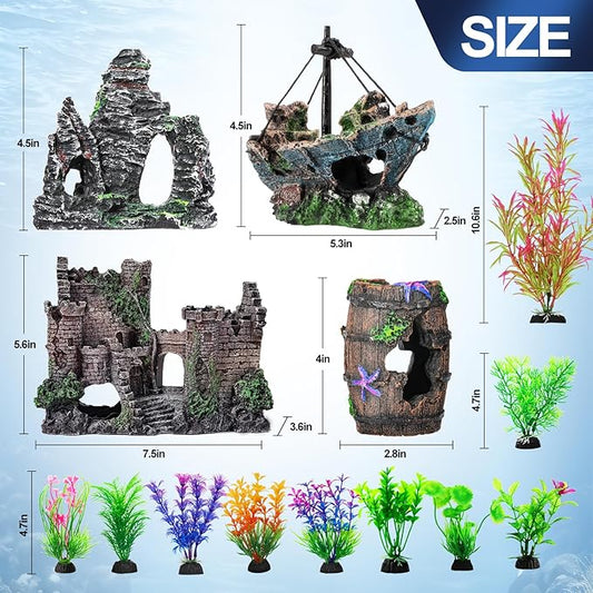 CousDUoBe 14 Pcs Aquarium Decorations Large Kit，Castle Fish Tank Bubbler Decorations，Starfish Barrel, Resin Cave Rock,Resin Material Sunken Ship,Aquarium Plants Large Fish Bowl Ornaments