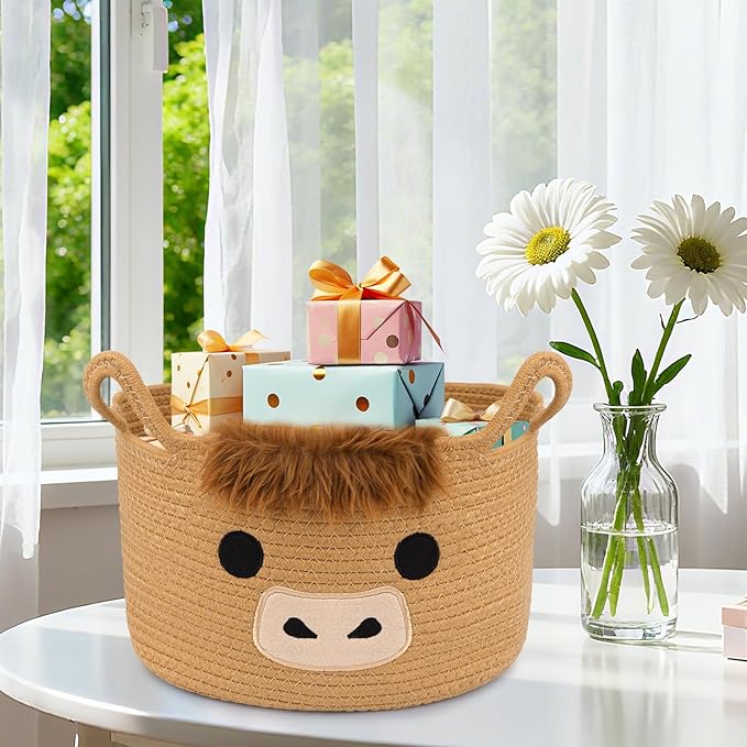 Oval Highland Cute Cow Basket for Nursery, Large Woven Gift Basket, Shelves Rope Cotton Storage Bins for Gifts Empty, Baby Shower Blanket with Handles,Towel Burr Decorative, 13"D x 8"H in