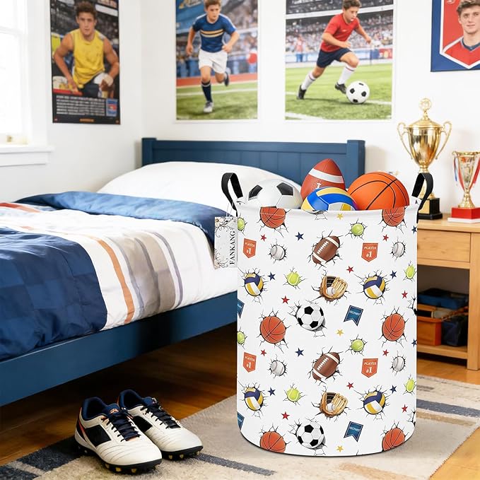 Storage Basket, Nursery Hamper Canvas Laundry Basket Foldable with Waterproof PE Coating Large Storage Baskets for Kids Boys and Girls, Office, Bedroom, Clothes,Toys(3D Sports Balls)