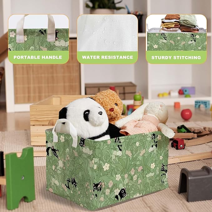 Black Cat Flower Green Storage Basket, Cats Gift Hamper for Pet Owners, Black Cat Bathroom Decor,Bin for Pet Lovers, Organizer Baskets for Bedroom, Large Squarecanvas Laundry Hamper With Foldable
