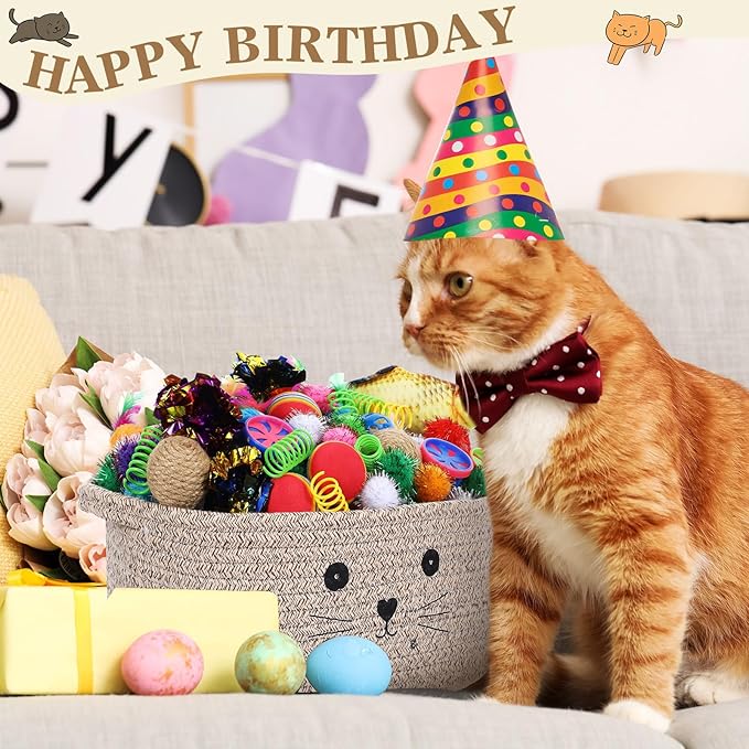 Zopeal 58 Pcs Mother’s Day Cat Storage Basket Gift Toys Set, Colorful Flashing Balls Pet Bell Crinkle Balls Spring Toys Attract Cat to Swat, Hunt, Interactive for Pet(Dark Brown,12 Inch)