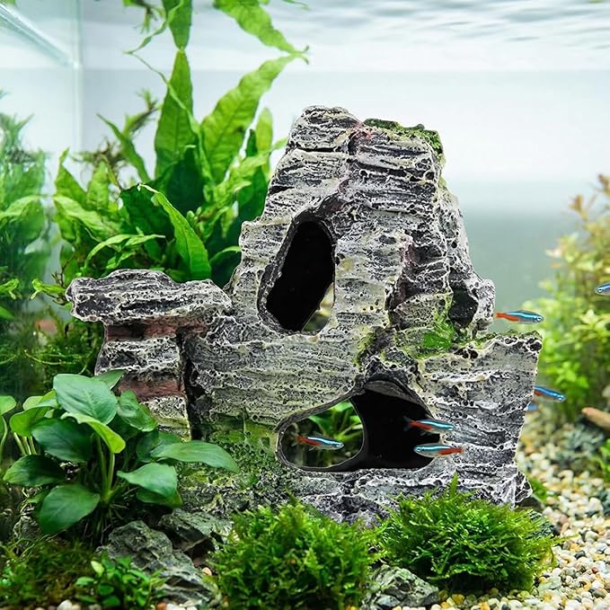Resin Aquarium Mountain Decor with Moss Rock Cave - Multi-Level Terrain for Fish Tank Landscaping,Rock Hidden Cave and Crevices for Shrimp, Reptile Habitat