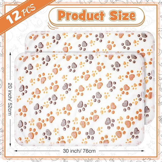 Tegeme 12 Pcs Pet Blankets 30 x 20 Inch Soft Fluffy Fleece Dog Cat Warm Paw Print Pattern Blankets Flannel Throw for Pets Dog Puppy Cat(White)
